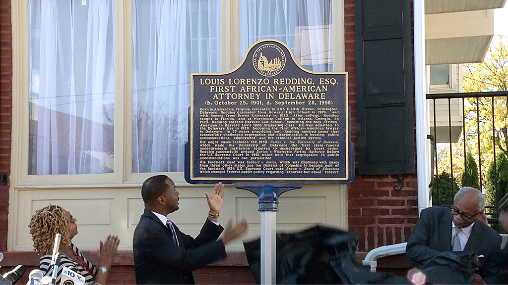 Photo of Louis L. Redding, Esq. historical marker unveiling. Redding was the first African-American attorney in Delaware.